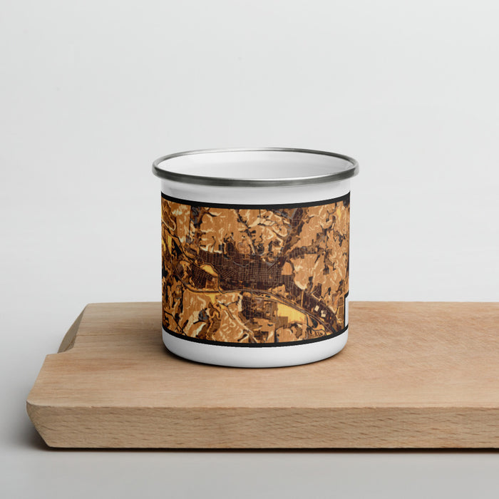 Front View Custom Logan Ohio Map Enamel Mug in Ember on Cutting Board