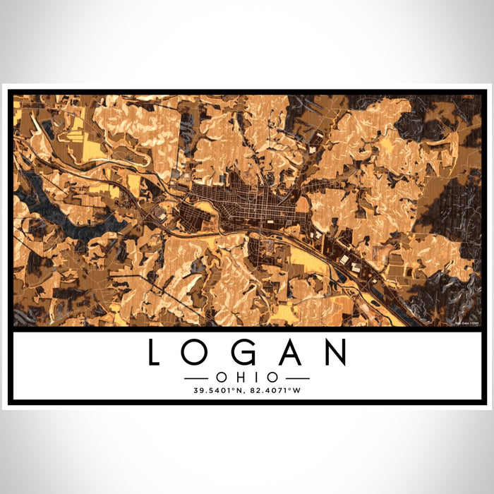 Logan Ohio Map Print Landscape Orientation in Ember Style With Shaded Background
