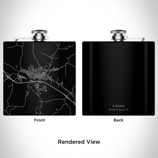Rendered View of Logan Ohio Map Engraving on 6oz Stainless Steel Flask in Black