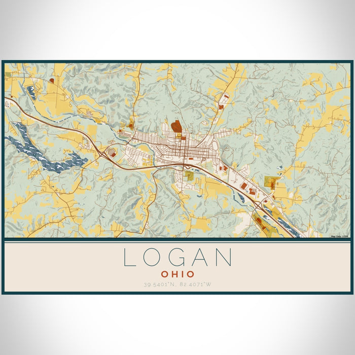 Logan Ohio Map Print Landscape Orientation in Woodblock Style With Shaded Background