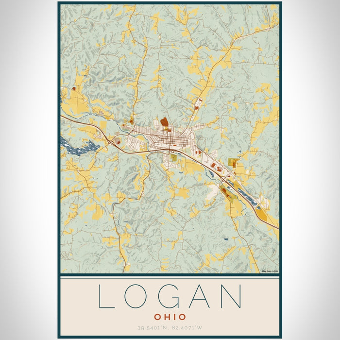 Logan Ohio Map Print Portrait Orientation in Woodblock Style With Shaded Background