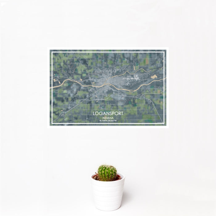 12x18 Logansport Indiana Map Print Landscape Orientation in Afternoon Style With Small Cactus Plant in White Planter