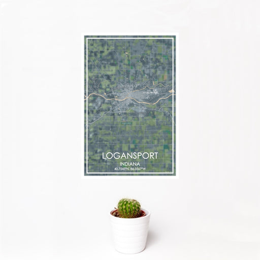 12x18 Logansport Indiana Map Print Portrait Orientation in Afternoon Style With Small Cactus Plant in White Planter