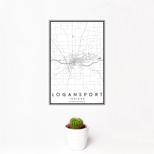 12x18 Logansport Indiana Map Print Portrait Orientation in Classic Style With Small Cactus Plant in White Planter