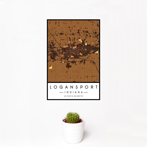 12x18 Logansport Indiana Map Print Portrait Orientation in Ember Style With Small Cactus Plant in White Planter