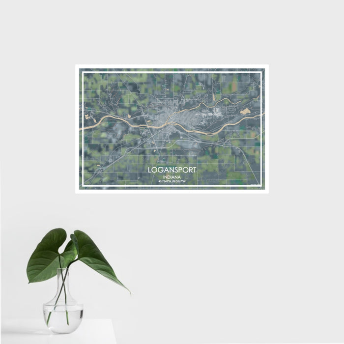 16x24 Logansport Indiana Map Print Landscape Orientation in Afternoon Style With Tropical Plant Leaves in Water