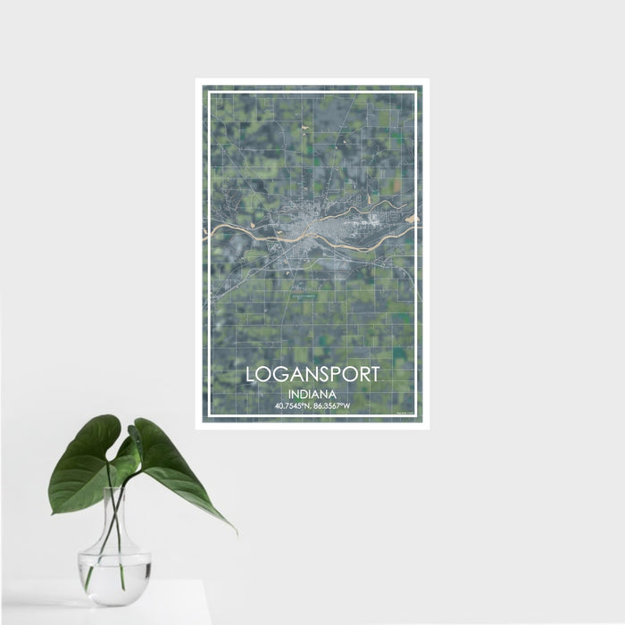 16x24 Logansport Indiana Map Print Portrait Orientation in Afternoon Style With Tropical Plant Leaves in Water
