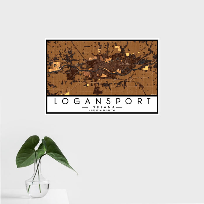 16x24 Logansport Indiana Map Print Landscape Orientation in Ember Style With Tropical Plant Leaves in Water