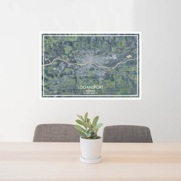 24x36 Logansport Indiana Map Print Lanscape Orientation in Afternoon Style Behind 2 Chairs Table and Potted Plant