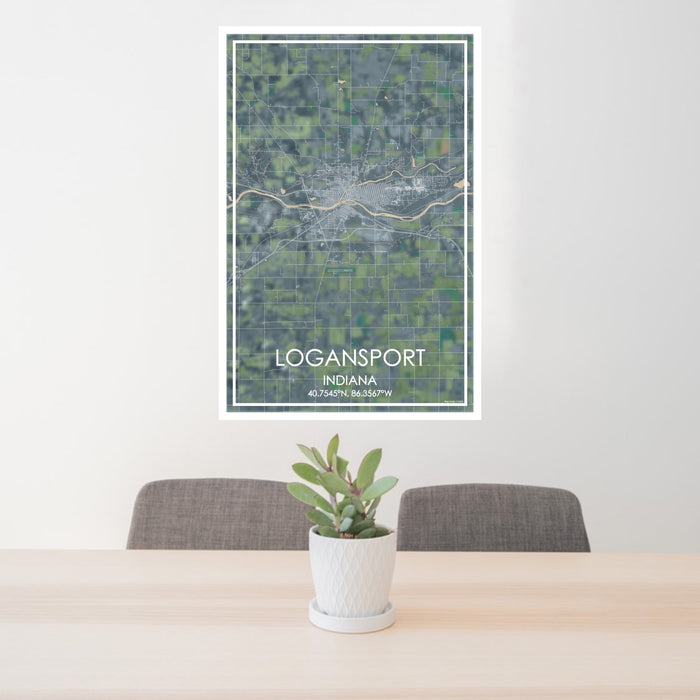 24x36 Logansport Indiana Map Print Portrait Orientation in Afternoon Style Behind 2 Chairs Table and Potted Plant