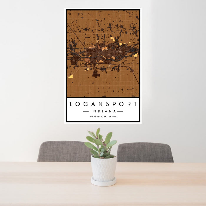 24x36 Logansport Indiana Map Print Portrait Orientation in Ember Style Behind 2 Chairs Table and Potted Plant