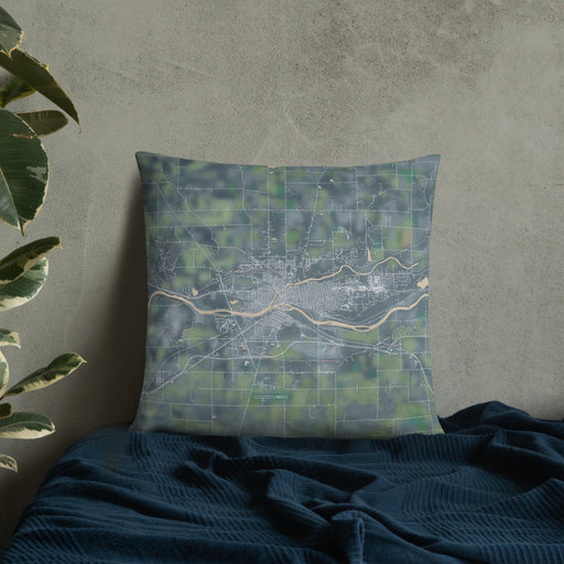 Custom Logansport Indiana Map Throw Pillow in Afternoon on Bedding Against Wall