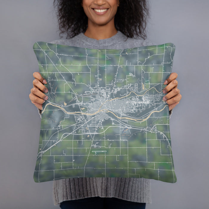 Person holding 18x18 Custom Logansport Indiana Map Throw Pillow in Afternoon