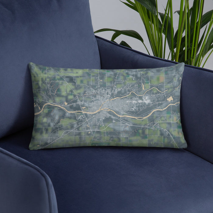 Custom Logansport Indiana Map Throw Pillow in Afternoon on Blue Colored Chair