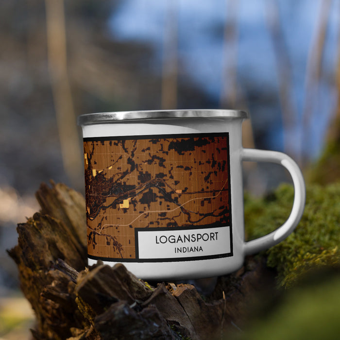 Right View Custom Logansport Indiana Map Enamel Mug in Ember on Grass With Trees in Background