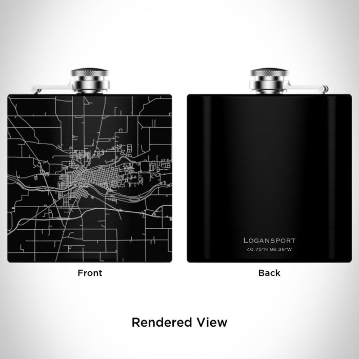 Rendered View of Logansport Indiana Map Engraving on 6oz Stainless Steel Flask in Black