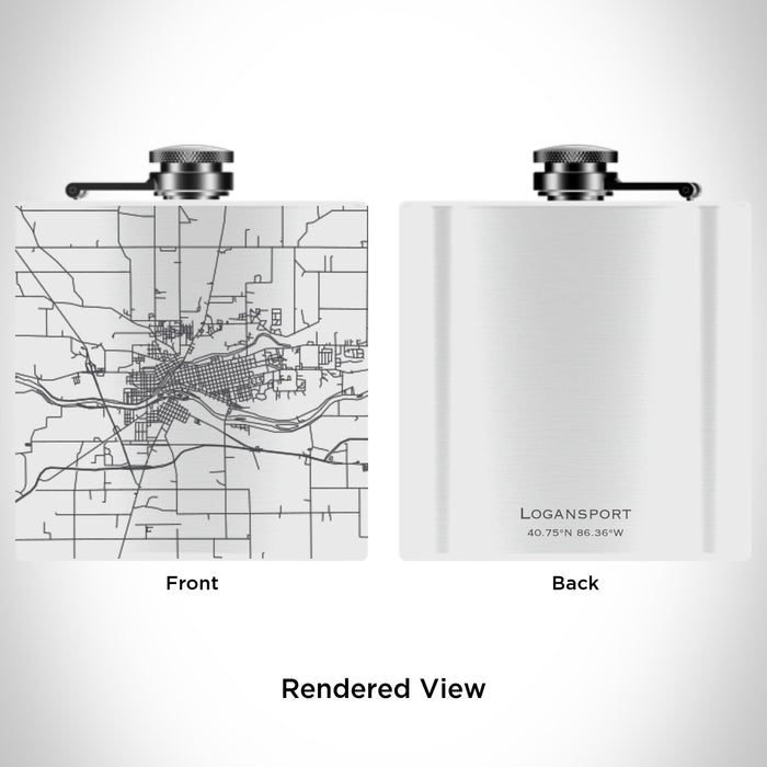 Rendered View of Logansport Indiana Map Engraving on 6oz Stainless Steel Flask in White