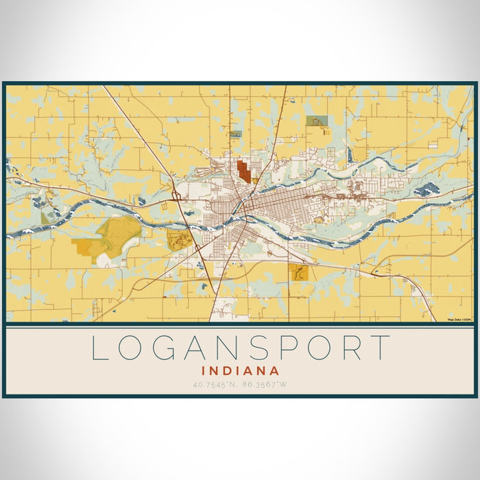 Logansport Indiana Map Print Landscape Orientation in Woodblock Style With Shaded Background