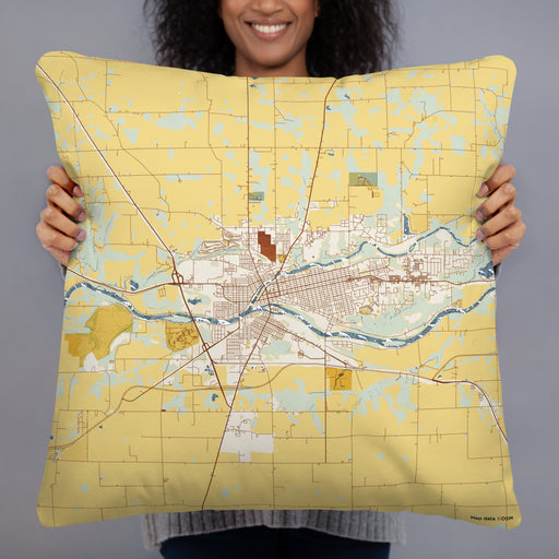 Person holding 22x22 Custom Logansport Indiana Map Throw Pillow in Woodblock