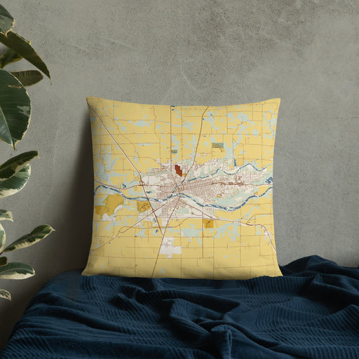 Custom Logansport Indiana Map Throw Pillow in Woodblock on Bedding Against Wall