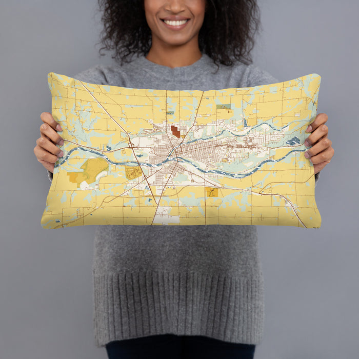 Person holding 20x12 Custom Logansport Indiana Map Throw Pillow in Woodblock