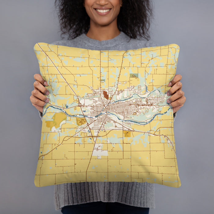 Person holding 18x18 Custom Logansport Indiana Map Throw Pillow in Woodblock