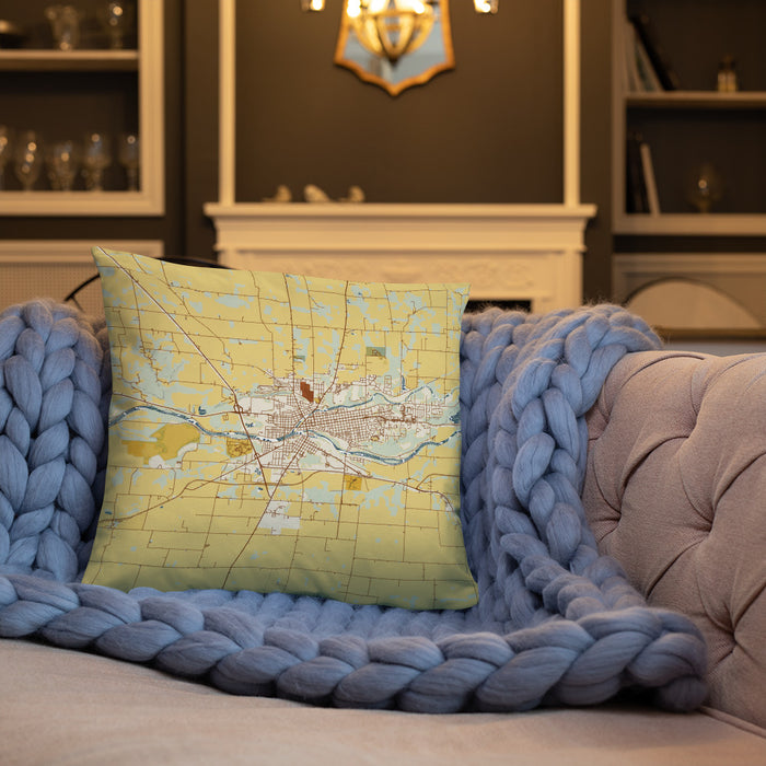Custom Logansport Indiana Map Throw Pillow in Woodblock on Cream Colored Couch