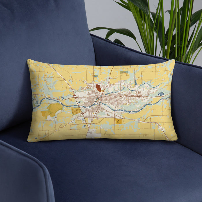 Custom Logansport Indiana Map Throw Pillow in Woodblock on Blue Colored Chair