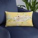 Custom Logansport Indiana Map Throw Pillow in Woodblock on Blue Colored Chair