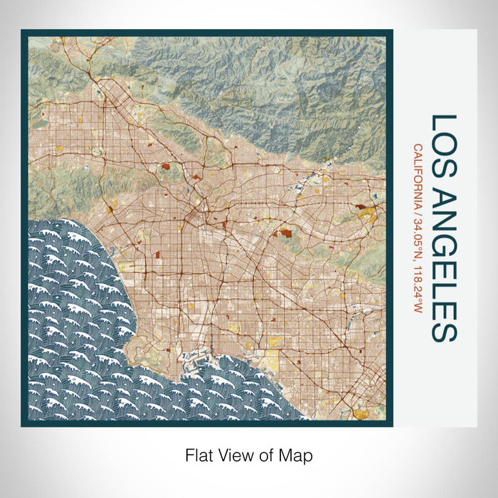 Rendered View of Los Angeles California Map on 17oz Stainless Steel Insulated Tumbler in Woodblock Map Style