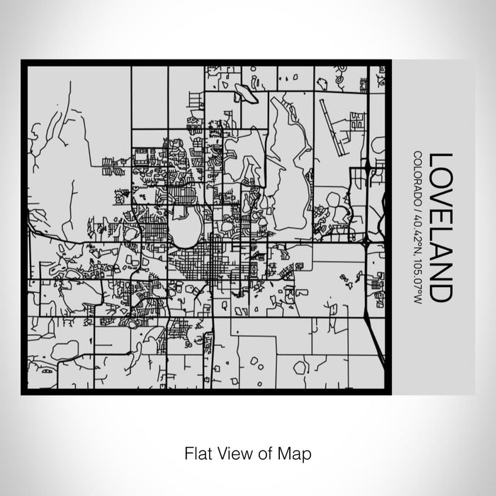 Rendered View of Loveland Colorado Map on 20oz Stainless Steel Insulated Bottle with Bamboo Top with printed Tactile Lines Map in Black