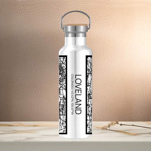 Loveland Colorado Custom City Map Inscription Coordinates on 20oz Stainless Steel Insulated Bottle with Bamboo Top in Matte White with printed Tactile Lines Map in Black