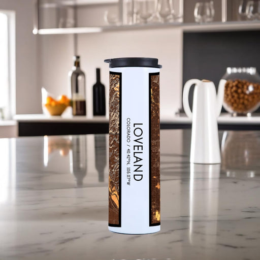 Loveland Colorado Custom City Map Inscription Coordinates on 17oz Stainless Steel Insulated Tumbler in Ember Map Style