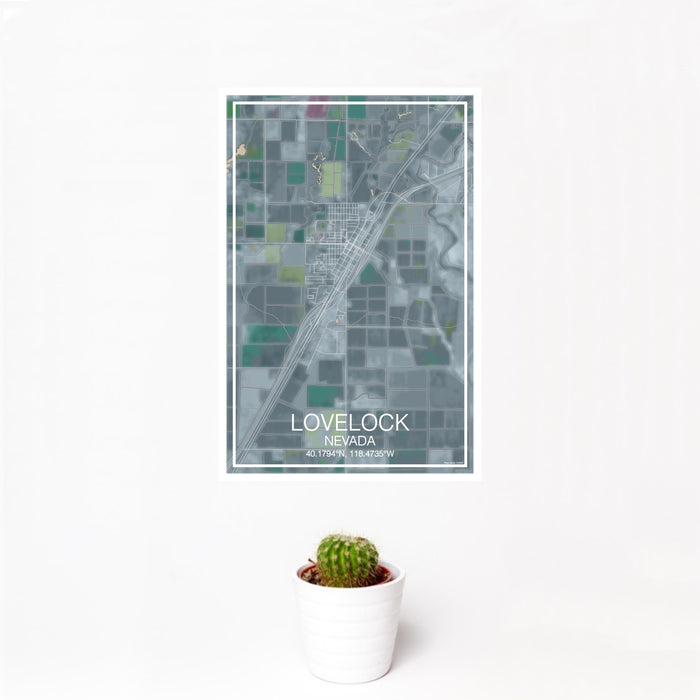 12x18 Lovelock Nevada Map Print Portrait Orientation in Afternoon Style With Small Cactus Plant in White Planter