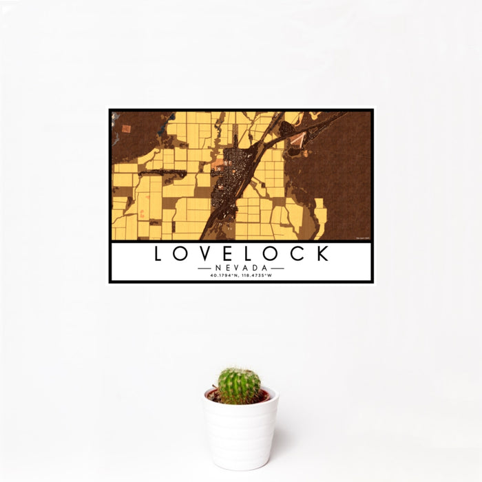 12x18 Lovelock Nevada Map Print Landscape Orientation in Ember Style With Small Cactus Plant in White Planter