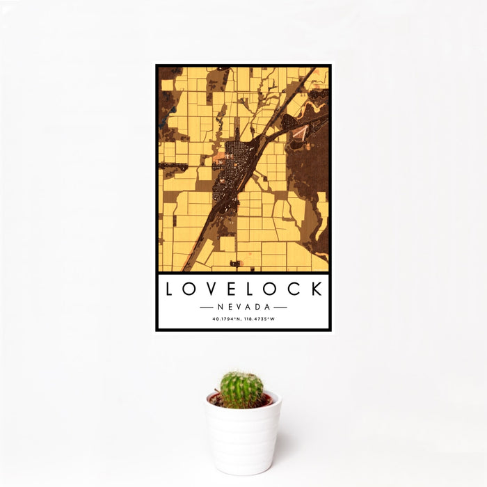 12x18 Lovelock Nevada Map Print Portrait Orientation in Ember Style With Small Cactus Plant in White Planter