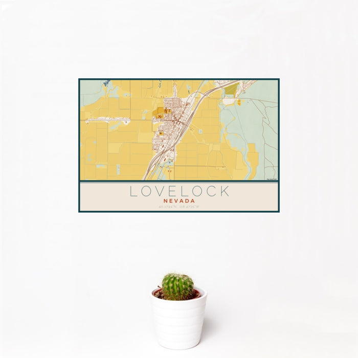 12x18 Lovelock Nevada Map Print Landscape Orientation in Woodblock Style With Small Cactus Plant in White Planter