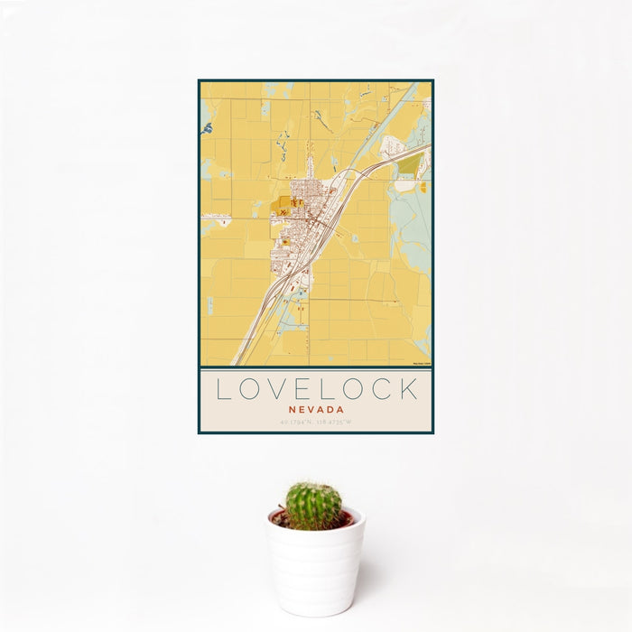 12x18 Lovelock Nevada Map Print Portrait Orientation in Woodblock Style With Small Cactus Plant in White Planter