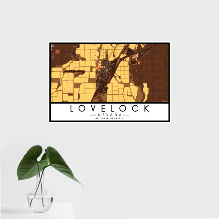 16x24 Lovelock Nevada Map Print Landscape Orientation in Ember Style With Tropical Plant Leaves in Water