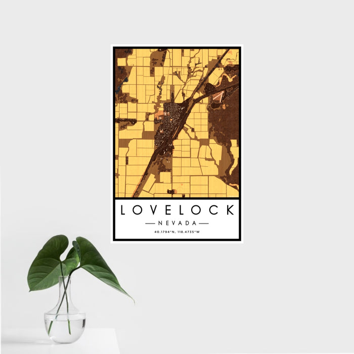 16x24 Lovelock Nevada Map Print Portrait Orientation in Ember Style With Tropical Plant Leaves in Water