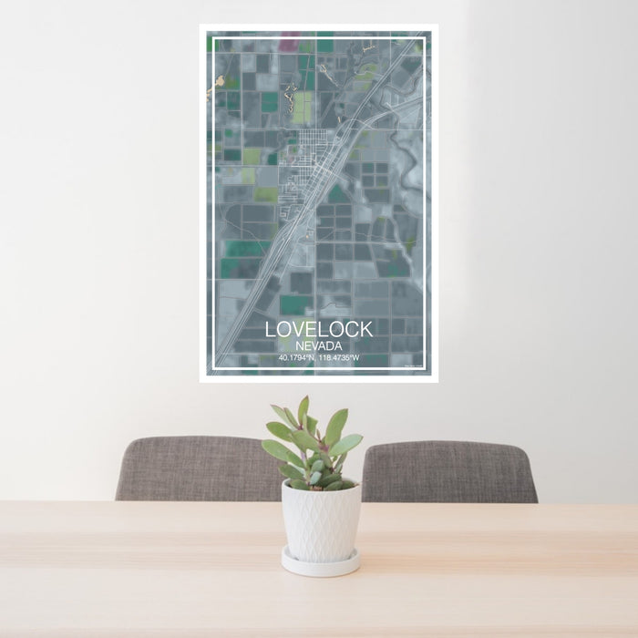 24x36 Lovelock Nevada Map Print Portrait Orientation in Afternoon Style Behind 2 Chairs Table and Potted Plant