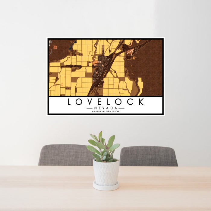 24x36 Lovelock Nevada Map Print Landscape Orientation in Ember Style Behind 2 Chairs Table and Potted Plant
