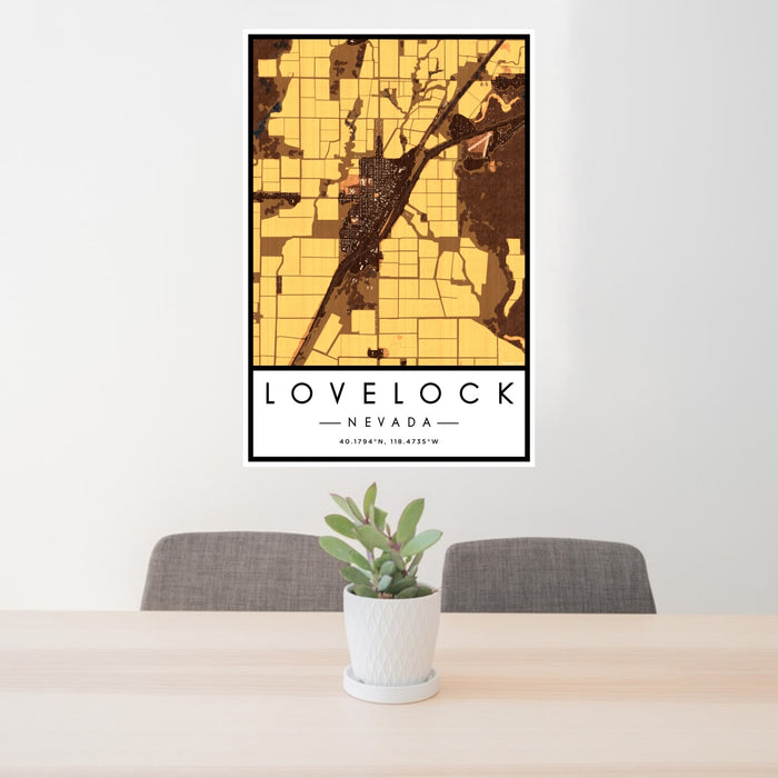 24x36 Lovelock Nevada Map Print Portrait Orientation in Ember Style Behind 2 Chairs Table and Potted Plant