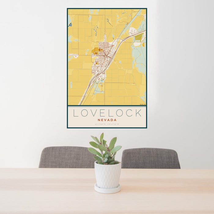 24x36 Lovelock Nevada Map Print Portrait Orientation in Woodblock Style Behind 2 Chairs Table and Potted Plant