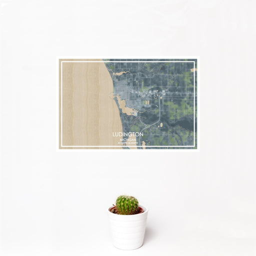 12x18 Ludington Michigan Map Print Landscape Orientation in Afternoon Style With Small Cactus Plant in White Planter