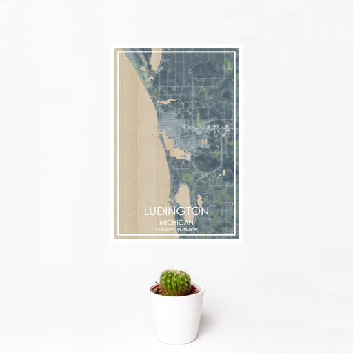 12x18 Ludington Michigan Map Print Portrait Orientation in Afternoon Style With Small Cactus Plant in White Planter