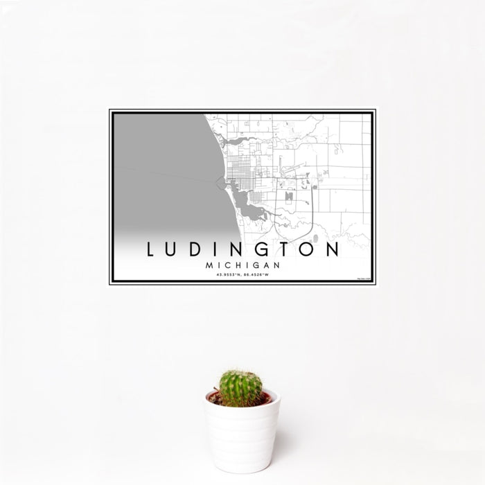 12x18 Ludington Michigan Map Print Landscape Orientation in Classic Style With Small Cactus Plant in White Planter