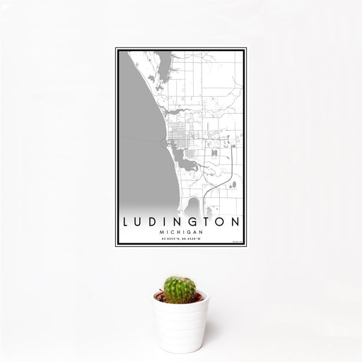 12x18 Ludington Michigan Map Print Portrait Orientation in Classic Style With Small Cactus Plant in White Planter