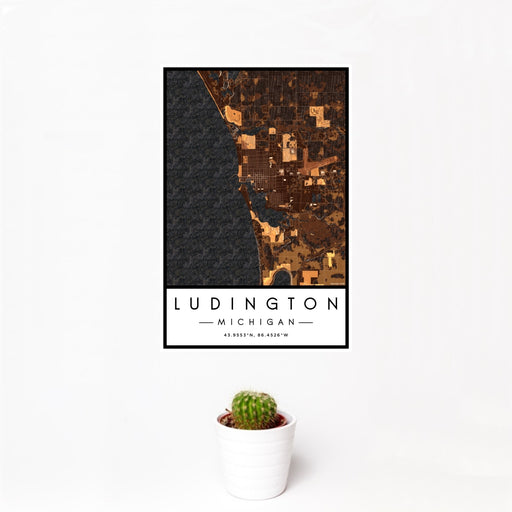 12x18 Ludington Michigan Map Print Portrait Orientation in Ember Style With Small Cactus Plant in White Planter