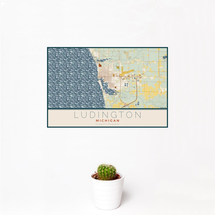 12x18 Ludington Michigan Map Print Landscape Orientation in Woodblock Style With Small Cactus Plant in White Planter